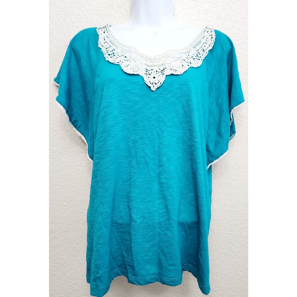 Fresh Teal Blue Short Flutter Sleeve Lace Bodice Top Medium Lightweight Soft